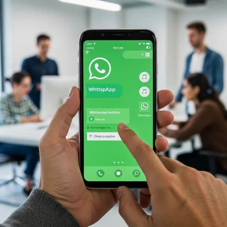 Smartphone displaying WhatsApp interface in a modern office setting, emphasizing communication and connectivity